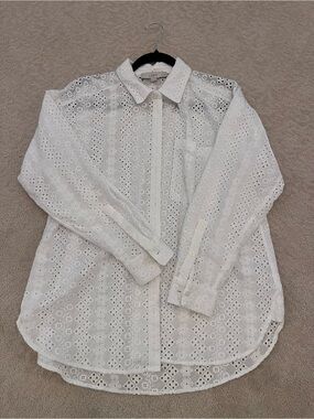 LOFT White Eyelet Button-Down Shirt Petite M